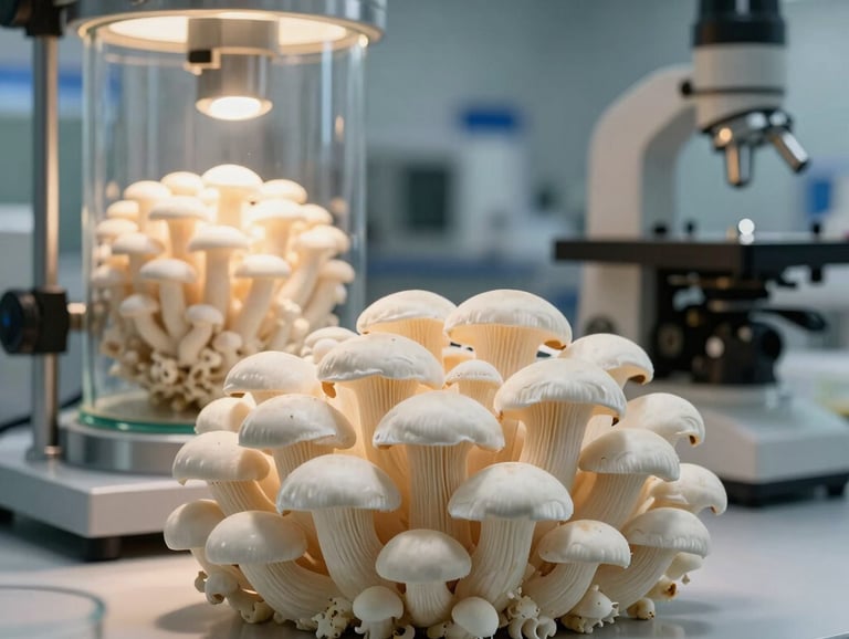 A sophisticated setup of fresh Lion's Mane mushroom alongside sleek glass lab equipment, captured with crisp clinical focus and warm, clinical lighting in a professional North American science facility.