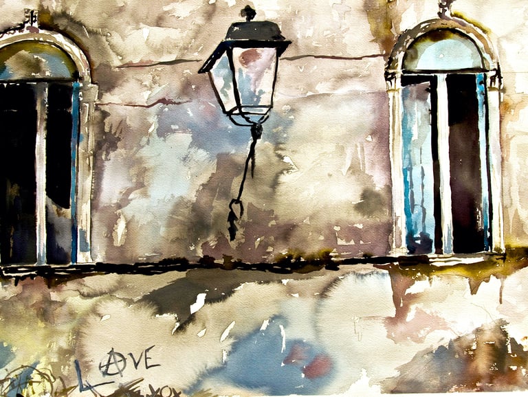 a painting of a facade with a lamp post