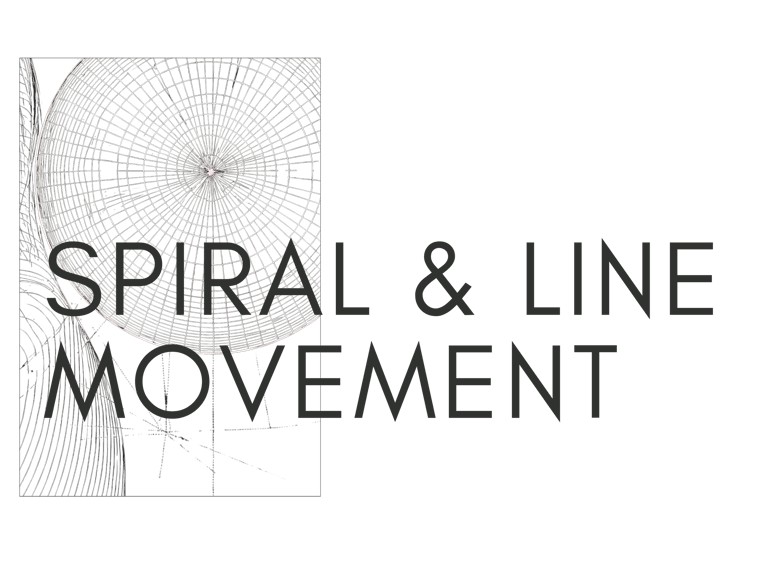 Minimalist graphic featuring a geometric white wireframe sphere and the text Spiral and Line Movement.