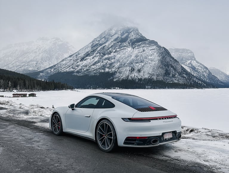 white Porsche panamera on the snow