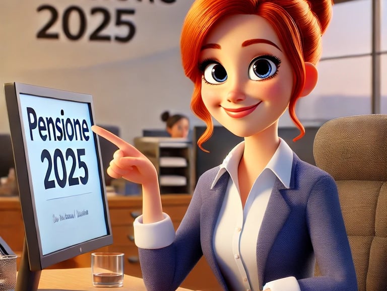 Illustrazione cartoon di una persona con capelli rossi seduta in un ufficio. Sul monitor c'è il testo 'Pensione 2025'.    