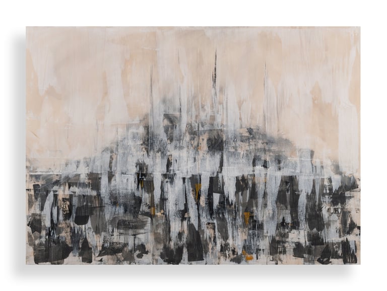Modern abstract acrylic painting featuring black, white, and beige brushstrokes on canvas.