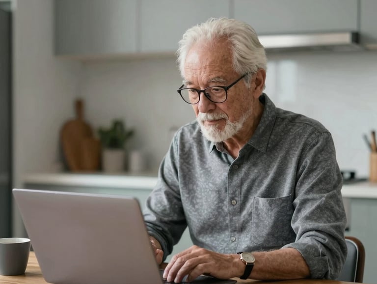 A friendly technician with a warm smile, wearing a clean blue shirt, sitting at a wooden kitchen table, helping an older adult with a laptop, bright natural daylight, shallow depth of field, 35mm