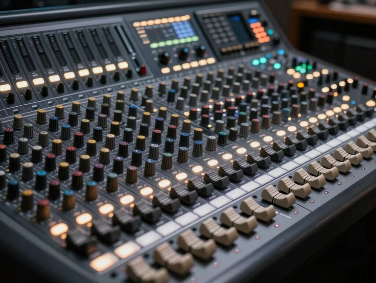 Wide shot of a modern radio mixing console with glowing white and gold lights in a dark room, sophisticated atmosphere.
