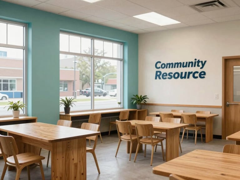 A professional interior photograph of a community resource center in the US. The space is clean and welcoming, with large windows, warm wooden furniture, and walls painted in soft teal and off-white tones.