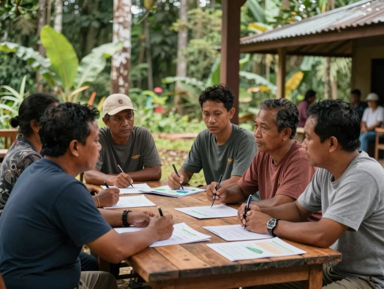 A documentary-style photo of an Indonesian community center in a rural forest area, people gathered around a wooden table discussing conservation plans, warm and professional lighting.