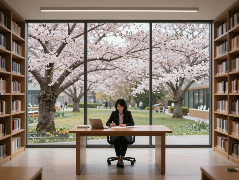 A wide photography shot of a modern, minimalist library with large windows showing a garden of blooming cherry trees. A single professional sits at a clean wooden table. Soft, elegant, and peaceful atmosphere. International / English-speaking professional context.