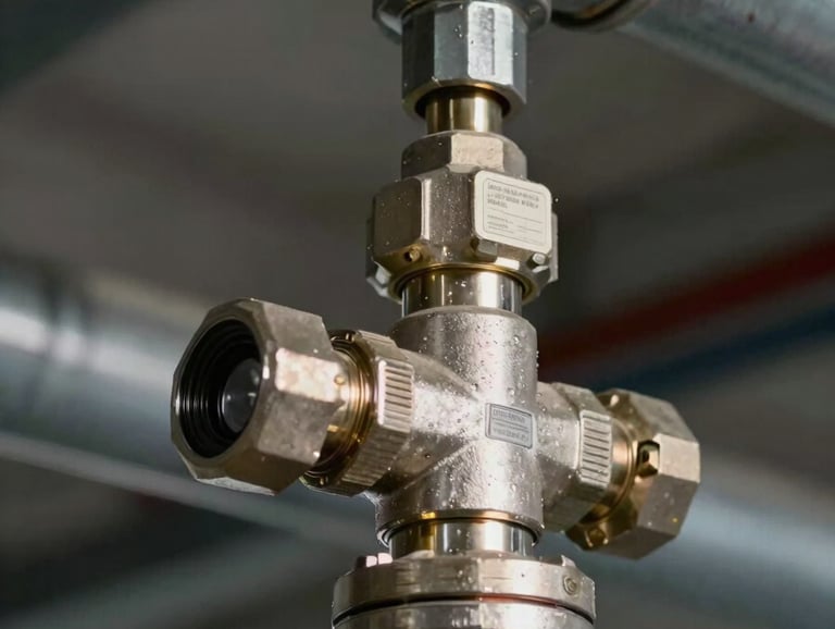 Close-up of a fire suppression sprinkler head installed in a steel pipe network, tungsten sidelight catching threaded fittings and certification label in sharp focus, industrial ceiling context visible in shallow background