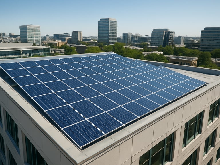 A high-angle photograph of a solar array installed on a modern public building, bright clear sky, clean and professional look, representing sustainability in an international urban environment.