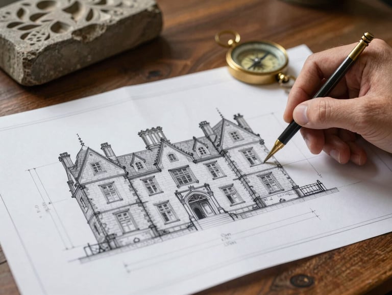 Extreme close-up of a hand-drawn architectural blueprint of a Scottish manor house, resting on a dark oak table next to a piece of carved stone and a brass compass, soft side lighting.
