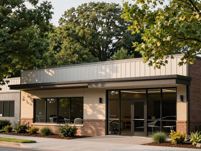 A peaceful North American / US community center exterior with modern, clean architecture, surrounded by lush green trees and soft sunlight, reflecting stability and professional care.