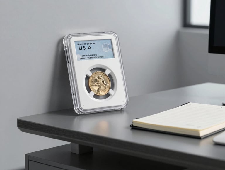 A modern, clean office interior with light gray walls and a charcoal desk. On the desk sits a professional coin grading slab and a clean notebook, representing modern professionalism.