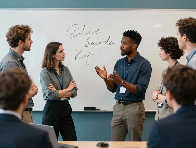 A group of diverse entrepreneurs in a professional workshop setting in Canada, engaging in a lively discussion around a whiteboard. The aesthetic is clean and modern with slate and teal accents.