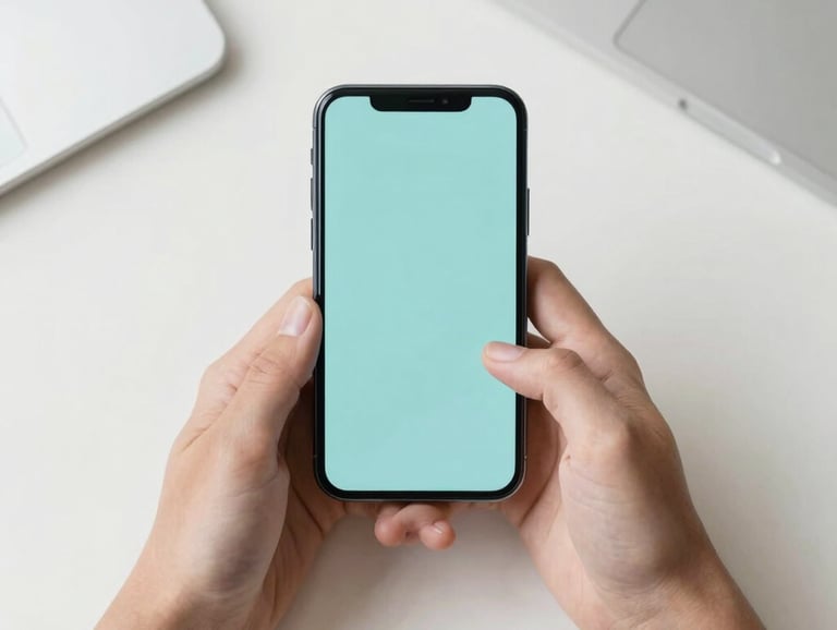Overhead view of hands holding a sleek smartphone in a minimalist North American workspace. The image is clean and bright, emphasizing a modern and accessible digital tool. Colors: Light Aqua and Off White.
