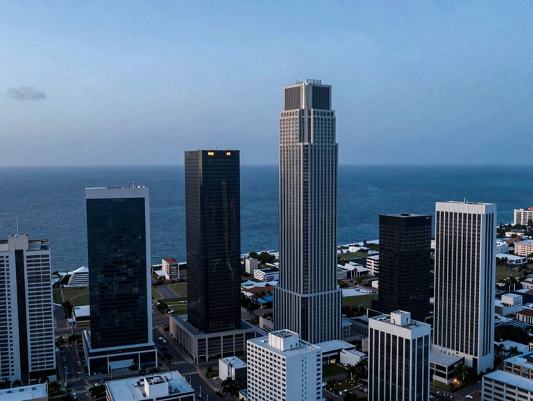 Aerial view of the Panama City financial district skyline at dawn, cool morning daylight, deep blue ocean background