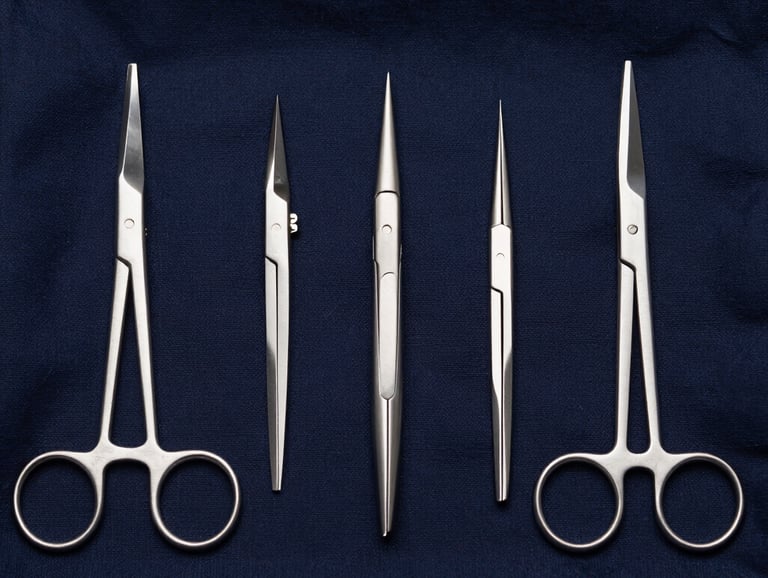 A top-down view of a set of polished surgical forceps and scissors arranged neatly on a dark navy blue sterile cloth, sharp focus, professional medical photography style.