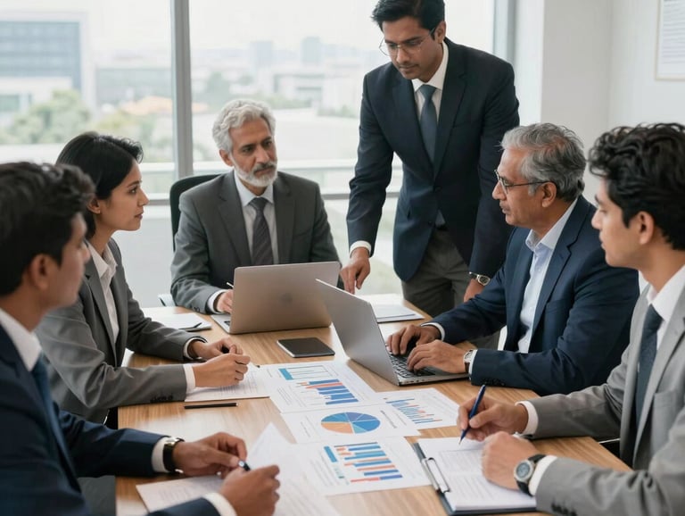 Dynamic business strategy meeting with professional South Asian / Indian executives in a spacious, bright boardroom, analyzing financial charts, corporate style.
