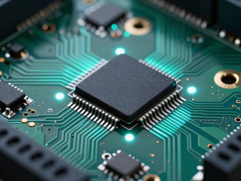 A macro photograph of an advanced circuit board with integrated sensors, glowing with subtle teal light. Deep shadows and clean metal highlights. Professional product photography style.