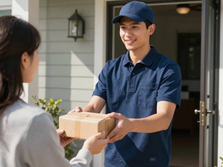 A professional courier in a navy blue uniform handing a small package to a customer at a sunny North American suburban home entrance. High-quality photography, bright daylight, conveying modern efficiency and reliability.