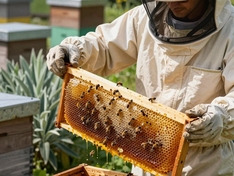 A photograph of a local North American / US beekeeper wearing a clean cream protective suit and hat, gently holding a wooden hive frame overflowing with dripping warm golden honey combs. Sunlight illuminates the golden nectar and busy bees. The backdrop features lush sage green foliage and rustic earthy brown hives under bright natural daylight.