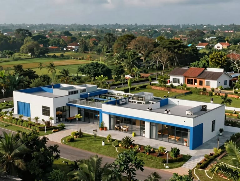 A wide photography shot of a modern, eco-friendly community center in a lush South Asian rural landscape, showcasing clean architecture and blue accents.