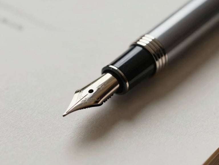 Close-up photography of an elegant fountain pen resting on a handmade paper manuscript. Soft shadows, shallow depth of field, minimalist and editorial style in muted greys and warm whites.