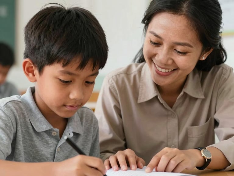 Close-up of an Indonesian teacher smiling and helping a young student with a notebook in a clean, brightly lit classroom, warm and professional atmosphere.