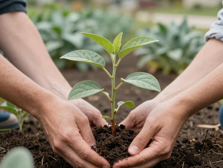 A close-up photo of hands planting a small green tree in a suburban community garden in the US, representing growth and sustainability, with soft sage green foliage in the background.
