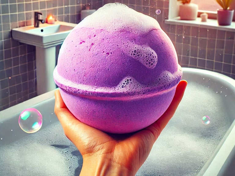 Extra large purple bath bomb held over a bathtub, with thick foam and bold fizz during a luxury soak