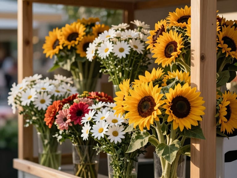 A vibrant North American flower stall with a clean, modern wooden frame, featuring colorful sunflowers and daisies in the soft afternoon light.