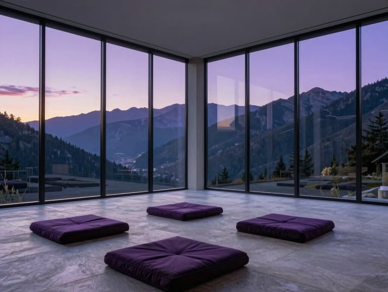 Architectural photography of a minimalist meditation hall in the North American mountains. Large glass walls reveal a purple-hued sunset. The interior features light grey stone and dark purple cushions. Clean, sophisticated style.