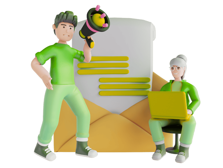 3D characters showing email communication and contact form interaction