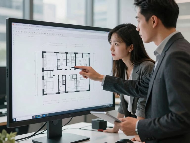 A bright workspace in a US city where a mentor and a young professional are reviewing architectural plans on a large screen.