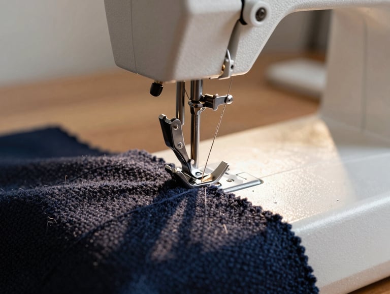 Macro shot of a professional sewing machine needle stitching dark navy wool fabric, warm sunlight highlighting the texture of the threads, precise and clean composition.