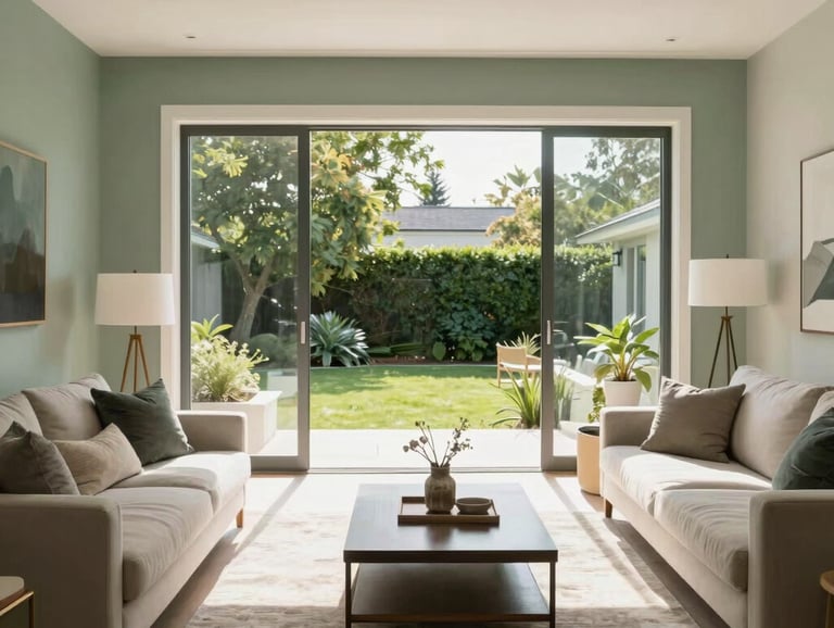 Interior of a modern, sunlight-filled living room in a North American home. The space is clean and minimalist with sage green accents, overlooking a green garden through large glass windows.