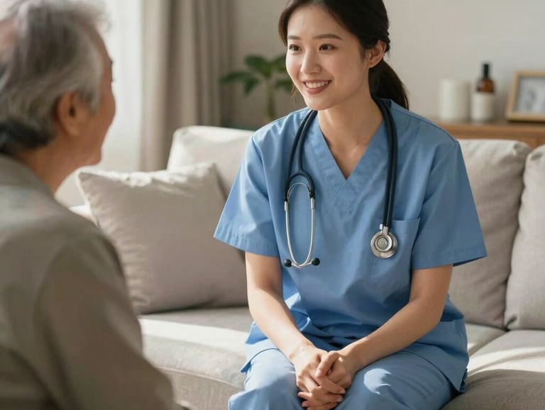 A heartfelt photograph of a nurse practitioner and an elderly resident engaged in a friendly conversation in a sunlit living room with neutral, professional decor.