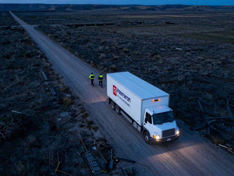 An action-oriented aerial photograph of a humanitarian relief convoy traveling through a North American landscape during an emergency response. The scene conveys movement, hope, and organized action. Tones of dark blue and medium blue are prominent.