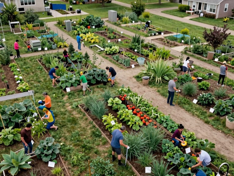 An aerial view of a vibrant North American community garden where people are working together, showcasing themes of unity and sustainable growth.