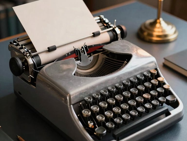 A professional photograph of a vintage silver typewriter on a dark slate blue desk. A stack of cream-colored paper and a small gold lamp are in the background. The mood is focused and inspiring, set in a North American study.