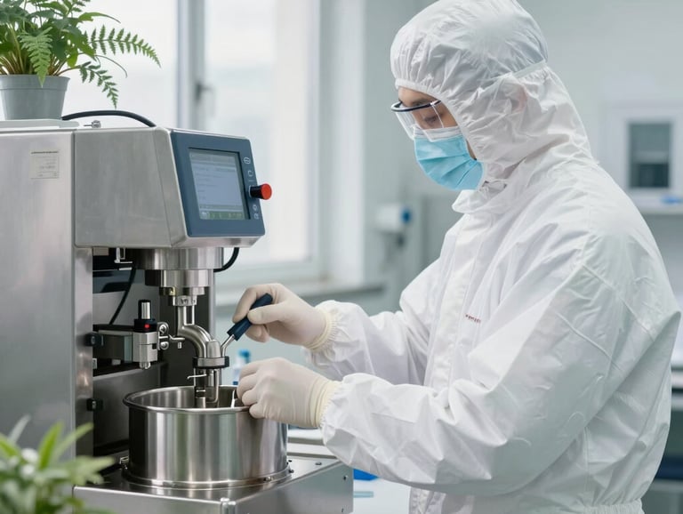 Technician in clean white PPE monitoring a stainless steel extraction machine, bright daylight, green herbal accents, 35mm