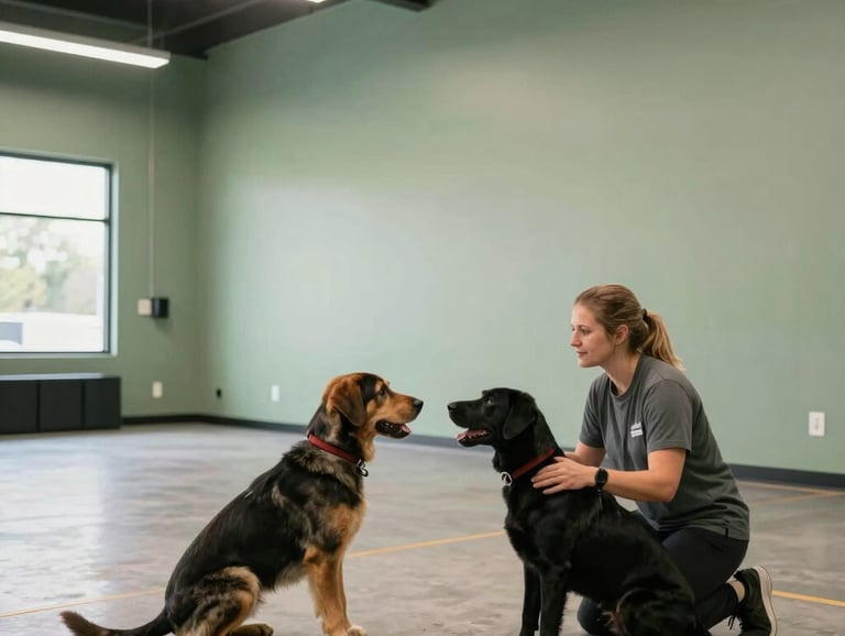 A professional wide-angle shot of a clean, modern service dog training facility in Indiana, with soft sage green walls, a trainer working on 'stay' commands with a young lab, North American architectural style.