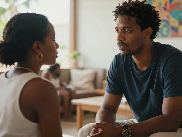 A warm, natural light photograph in the Caribbean / Anglophone Caribbean of two people engaged in deep, empathetic conversation in a bright, modern indoor space with hints of local art.