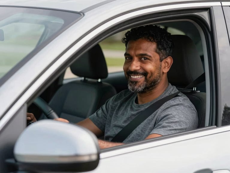 A smiling North American driver safely operating a vehicle on a suburban road, focus on the driver's confident expression, bright natural daylight, modern automotive photography style.