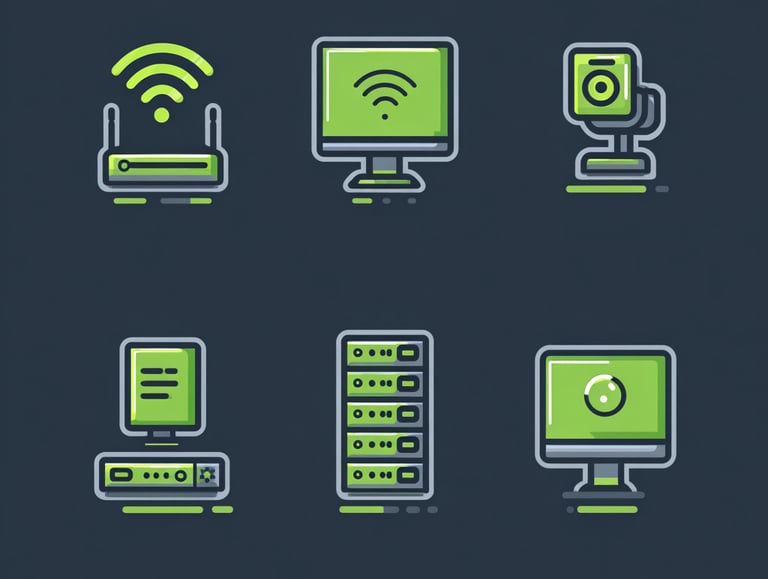 a set of icons of WIFI, AV, CCTV, Hybrid, Server Refresh and Digital Signage
