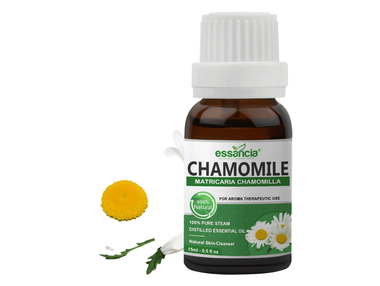 White and Yellow Chamomile flower next to Chamomile essential oil bottle