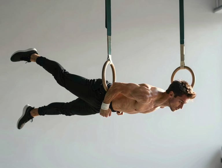 Dynamic side-lit shot of an athlete suspended on rings, high-contrast natural light highlighting muscle definition and joint alignment, clean minimalist studio background.