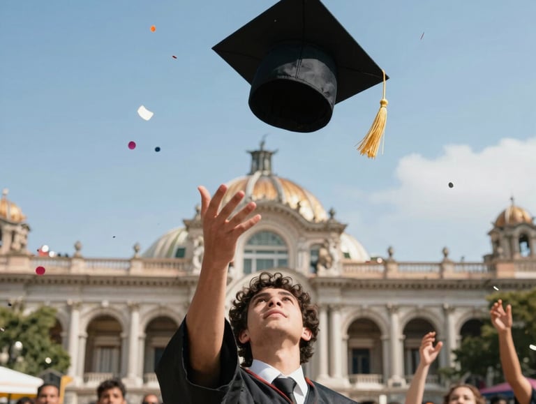 a woman standing in front of a building holding up a clock