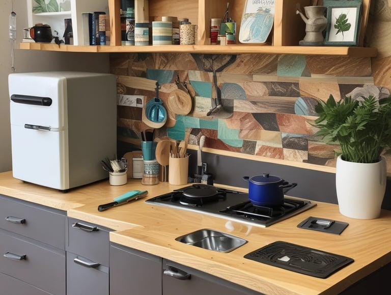 A dimly lit kitchen counter with a roll of paper towels, a blue appliance, and a plug-in night light featuring a chef figurine holding a pizza.