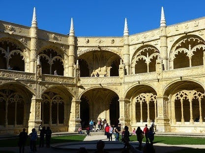 Lisbon - Inside courtyard at Jeronimos Monastery with fountains & intricate carved details