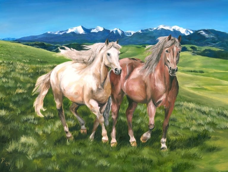 an oil painting of a white and a red horse running across the hills and prairies of Montana